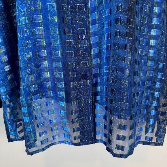 Vintage 90s Sheer Blue Metallic Check Plaid Button Up Blouse Shirt Top 1X - Picture 4 of 14